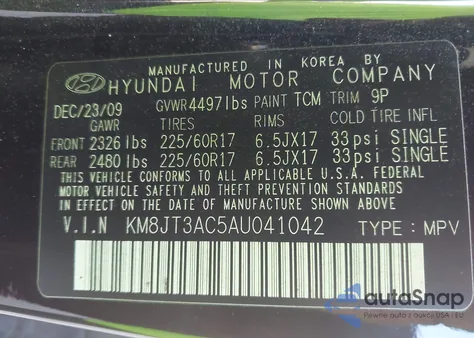 2010 Hyundai Tucson Gls from USA, damaged, VIN KM8JT3AC5AU041042